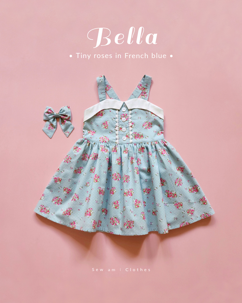 ✿ Bella Dress with matching tail bow • Tiny roses in french blue ✿